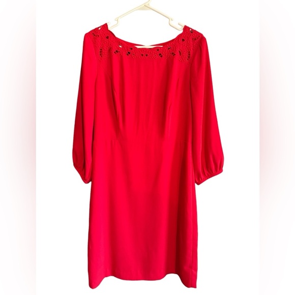 NWOT Talbots Woman's Bright Red Eyelet Neckline Bishop Sleeves Dress, Size 6 - Picture 2 of 9